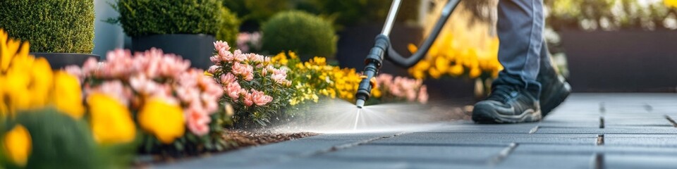 Person cleaning patio stones with a pressure washer near colorful flowers.