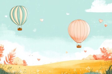 Obraz premium Hot air balloons gracefully drift over a colorful field adorned with gentle hearts and vibrant foliage. Generative AI