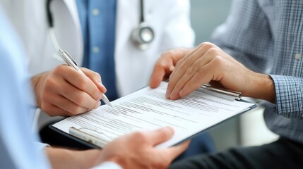 Fototapeta premium Doctor-patient discussion, close-up of hands reviewing medical notes on a clipboard