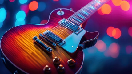 Naklejka premium Electric guitar close-up, close-up of guitar strings and fretboard, vibrant stage background