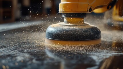 Electric sander, close-up of sander in use, soft dust floating in the air