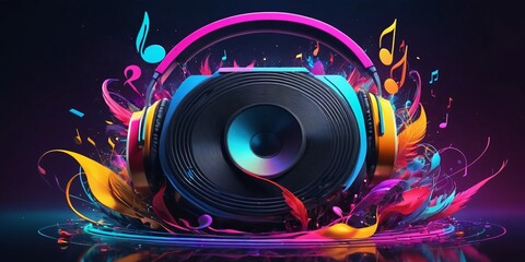 Fototapeta premium Vibrant Speaker with Headphones and Musical Notes in Abstract Design