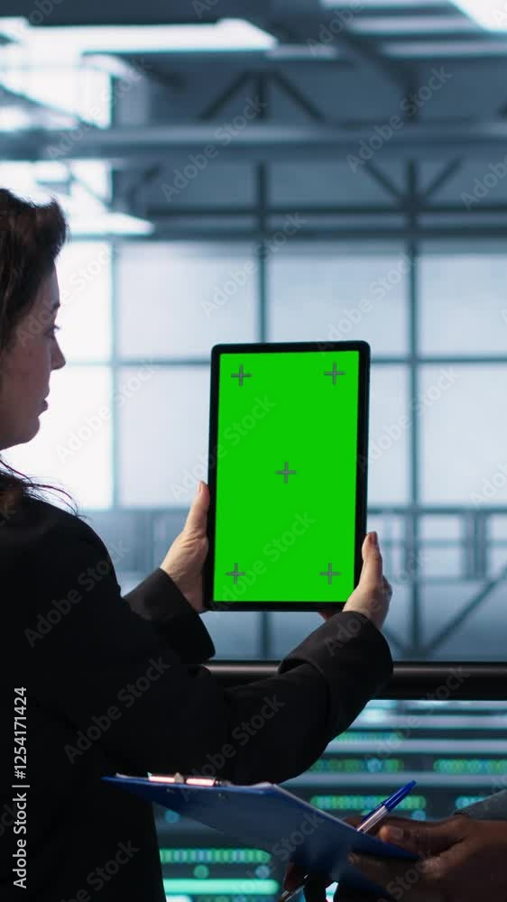 Poster vertical video technicians in data center using green screen tablet, reviewing hardware diagnostics.