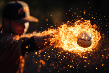 A baseball player in action, throwing a ball engulfed in flames.