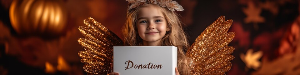Adorable little angel girl holds a donation box. Autumn background.