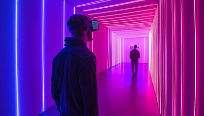 Interactive neon art installation captured at an exhibit, where visitors interact with luminous, touch-sensitive light sculptures.