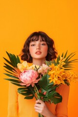 Naklejka premium Young woman with short brown hair holds a bouquet of tropical flowers against a vibrant orange background.