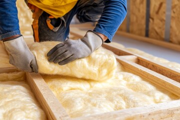 Thermal insulation process with fiberglass wool in a wooden house during construction