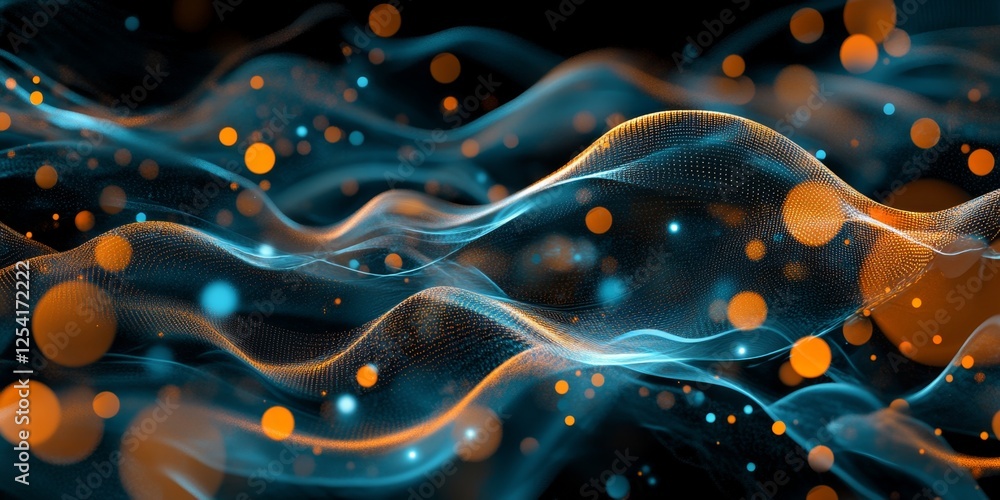 Poster abstract digital waves, glowing particles, dark background, website header