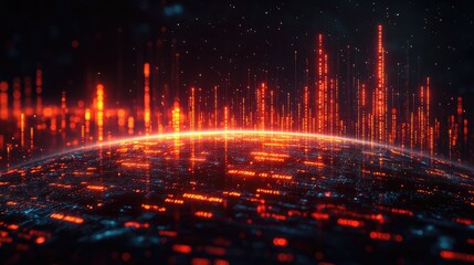 Fototapeta premium A digital representation of a glowing, data-rich planet with vibrant red and orange patterns.