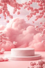 Pink dreamy scene with a two-tiered display stand surrounded by pastel clouds and cherry blossoms.
