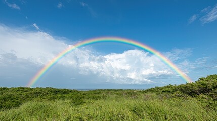 Naklejka premium Rainbow over grassy dunes, clear sky, vibrant colors, scenic landscape, nature's artistry, perfect for backgrounds, nature photography
