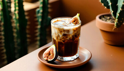 A cold brew coffee poured over ice in a smoky glass, paired with a delicate fig garnish, set on a te