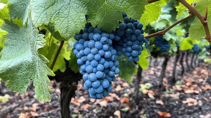 Obraz premium A cluster of blue grapes is hanging from a vine. The grapes are ripe and plump, and they are clustered together on the vine. The vine is green and lush, and the grapes are a vibrant shade of blue