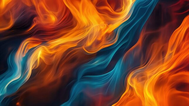 A colorful painting of flames with blue and orange colors. The painting has a vibrant and energetic mood, with the blue and orange colors blending together to create a dynamic