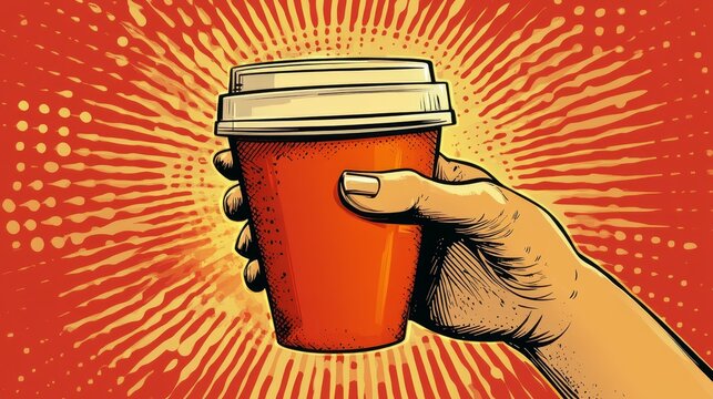 Pop art retro comic style illustration of a hand holding a paper cup of coffee. 