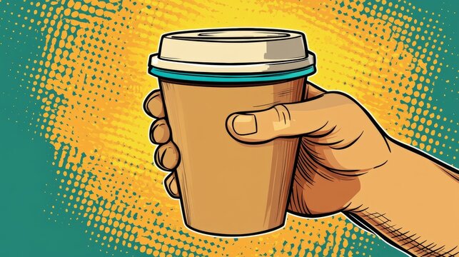 Pop art retro comic style illustration of a hand holding a paper cup of coffee. 