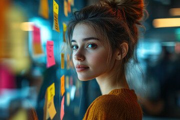 Woman gazing out window at wall covered in sticky notes.