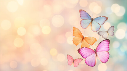 A dazzling group of colorful butterflies gracefully flying in a circular formation against a beautifully blurred background filled with vibrant hues, copy space