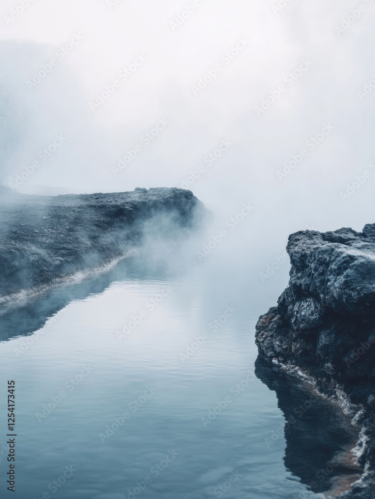 Poster discover tranquility with steam rising from rocky edges of a serene hot spring at dawn in a secluded