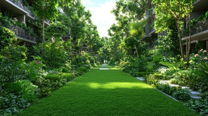 Lush green pathway between modern buildings