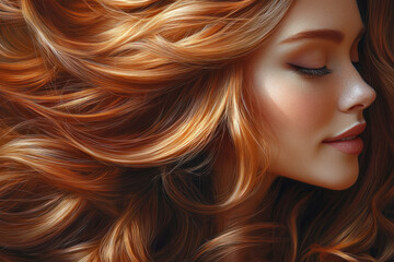 Woman with long, wavy hair standing on a beach at sunset, gazing out at the ocean with a serene expression, waves gently lapping the shore.