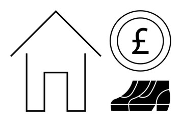 House outline, pound sterling coin, and ascending graph with steps conveying financial growth. Ideal for finance, real estate, economy, investments, business growth, home ownership and savings