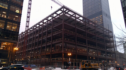 A high-rise building with standard cranes anchored to its framework, highlighting clean beams and construction details.