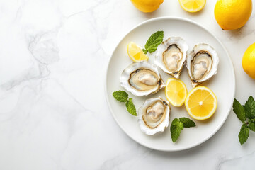 Oysters with lemon and mint on ice, elegant and fresh presentation.