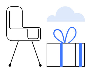 Fototapeta premium Modern minimalist chair next to a gift box adorned with a blue ribbon and a cloud above. Ideal for themes of celebration, relaxation, comfort, gifts, holidays, interior design, and simplicity. Line