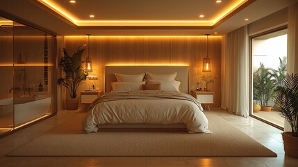 Warm-lit modern bedroom suite, balcony view, relaxing ambiance, interior design