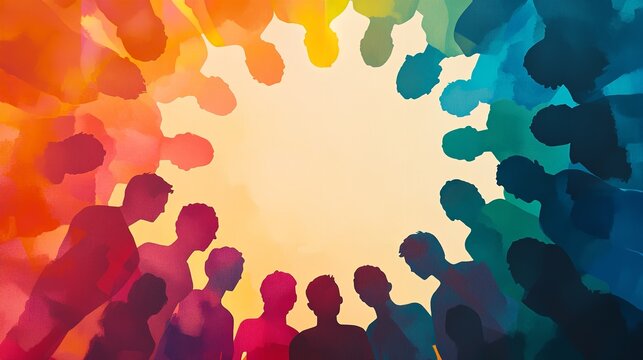 Vibrant silhouettes of people forming a circle, symbolizing teamwork and community in a modern, inclusive design for corporate team-building events