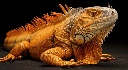 Fototapeta premium Close-up of a Gold Iguana Resting on Black Surface for Education