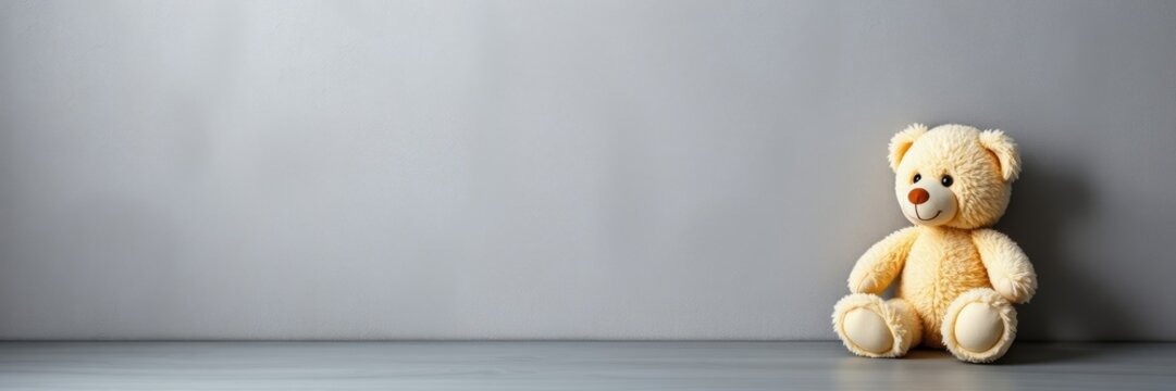 Teddy bear with a cheerful mood sitting on a gray background