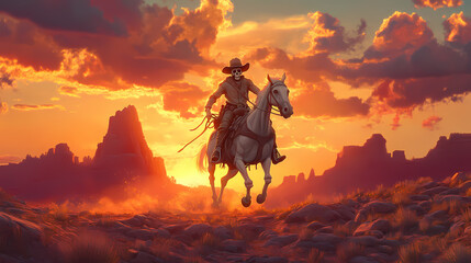 Fototapeta premium Ghostly cowboy rides skeletal horse at sunset. Skeletal Landscapes. Illustration