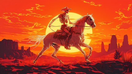 Naklejka premium Ghostly cowboy rides skeletal horse at sunset. Skeletal Landscapes. Illustration