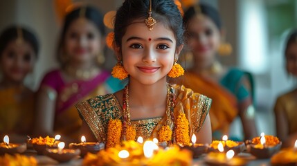 Festive family gathering during Diwali with colorful decorations and people in traditional attire emphasizing cultural celebrations and unity