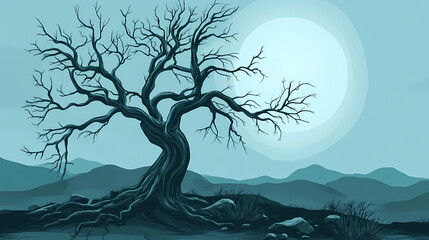 Mysterious ancient skeletal tree with spooky branches in natural landscapes. Skeletal Landscapes. Illustration
