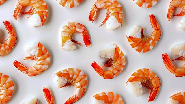 Top view of red peeled shrimp on white background.