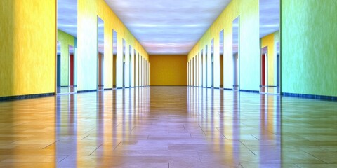 Vibrant symmetrical hallway with reflective floor and bright colors