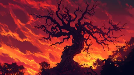 Fototapete silhouette twisted skeletal gnarled tree © Thiago