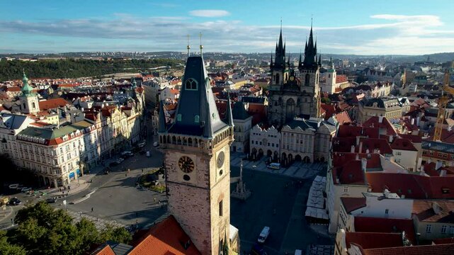 Beautiful Aerial footage of Old town Square, the Astronomical Clock, St. Nicholas Church and the Church of Our Lady before T&yacute;n yn Prague