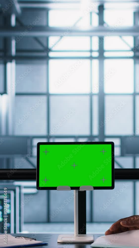 Poster vertical video engineers overseeing server room with mockup device, reading hardware documentation p