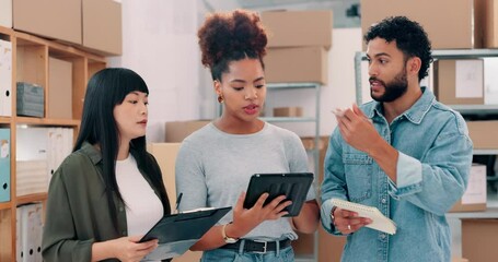 Warehouse, tablet and meeting with people in factory for dropshipping, wholesale export or cargo. Boxes, supply chain and ecommerce with employees for customer rating, advisor and logistics planning