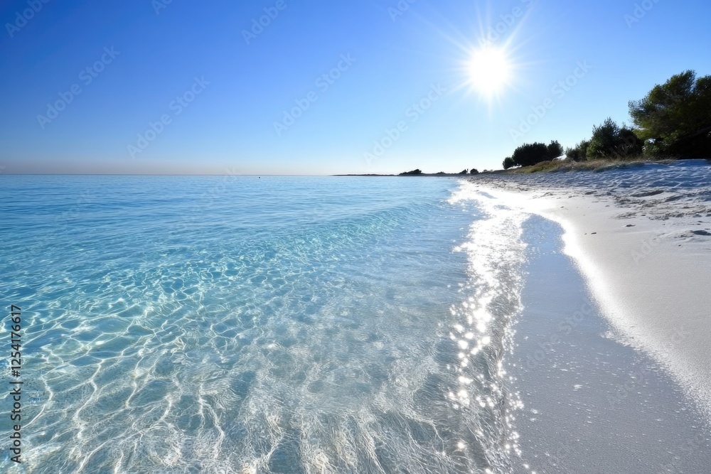 Wall mural tranquil sandy beach with clear blue waters under a bright sun
