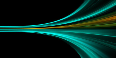 Lightspeed. Curve streak trail line. Fast light speed line. Long green way effect. Glowing exposure. Blurred motion. Sparkling flow. abstract dynamic dark background