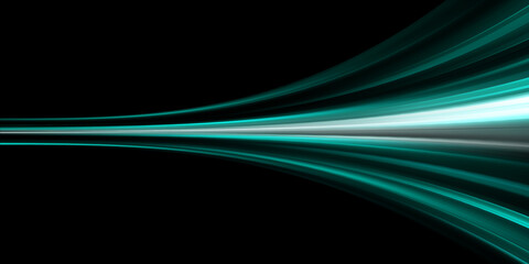 Lightspeed. Curve streak trail line. Fast light speed line. Long green way effect. Glowing exposure. Blurred motion. Sparkling flow. abstract dynamic dark background