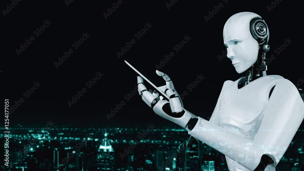 Poster robot hominoid use mobile phone or tablet for global network connection using ai thinking brain , ar