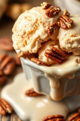 Creamy delight: Pecan ice cream melting in a stylish bowl, a sweet symphony of textures and flavors.