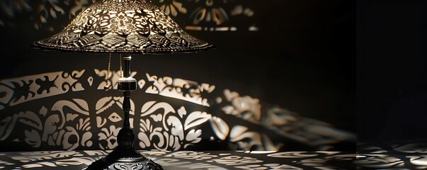 Vintage table lamp with an ornate patterned shade, casting intricate shadows on a dark background, invoking a sense of nostalgia and timeless elegance.